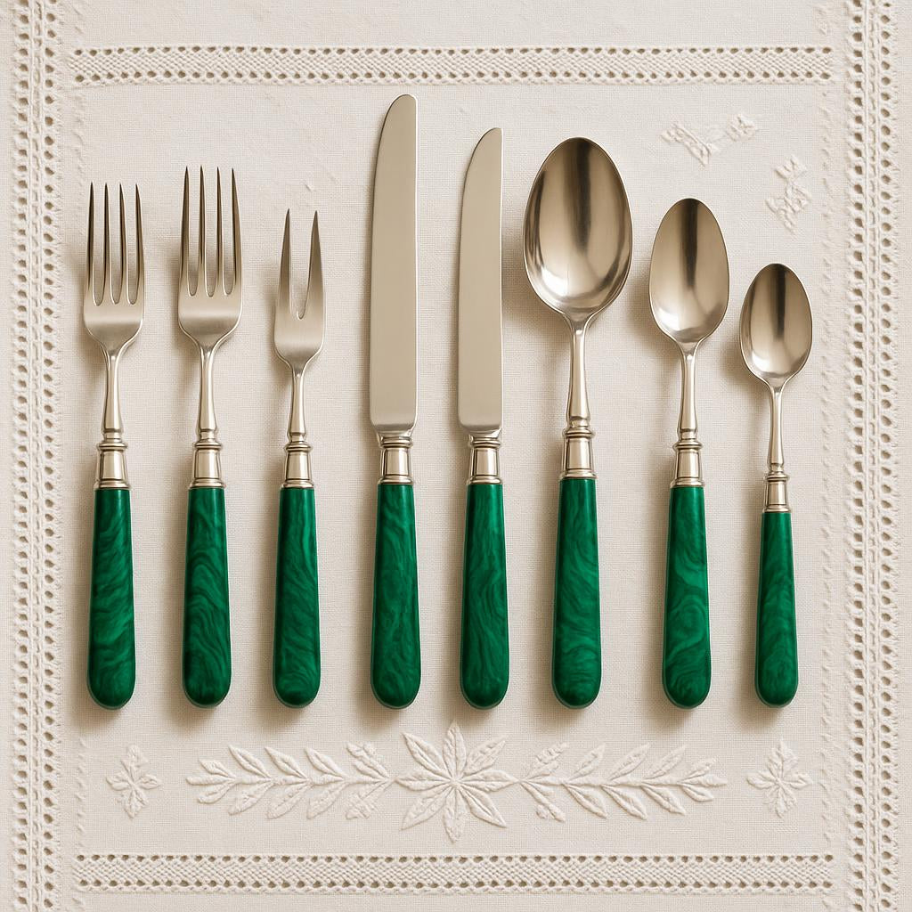 Malachite & sterling cutlery set 8 piece